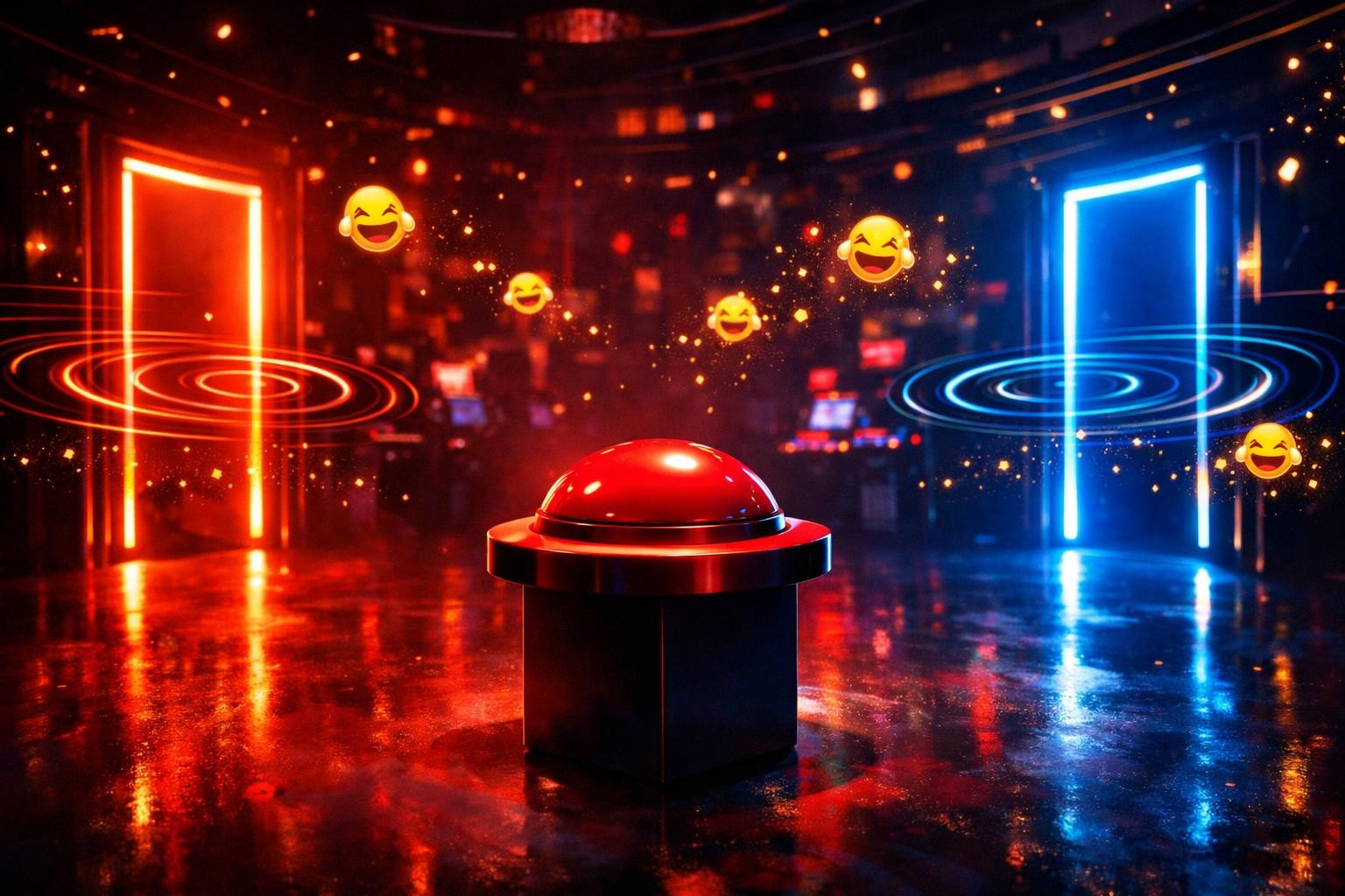 Two glowing doors and a big red button in a neon hall, the Guess The Memes 2 co-op game played by Gaming With Talha
