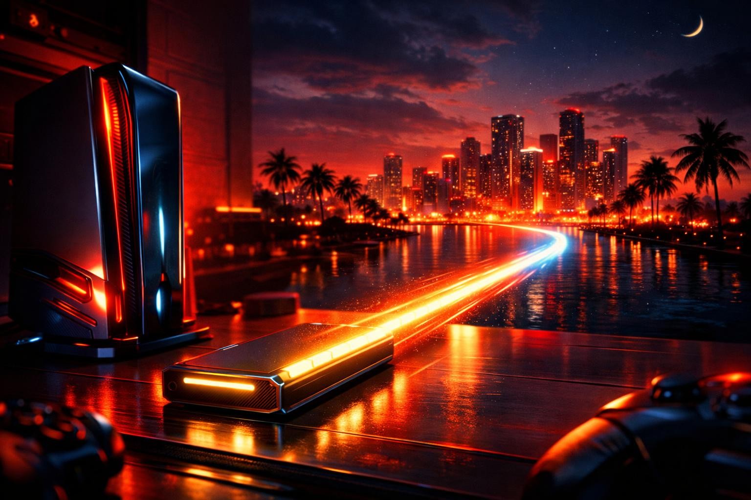 GTA 6 download size and pre-load concept: a glowing console and storage drive streaming light into a neon coastal city at night