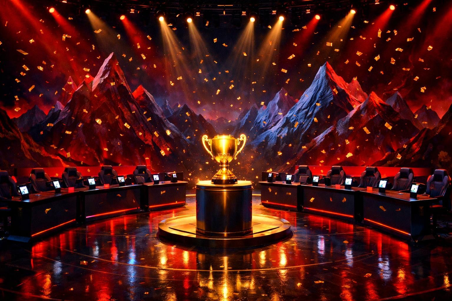 PMGO 2026 Season 2 Lahore grand finals stage with a golden PUBG Mobile esports trophy under crimson and navy lights